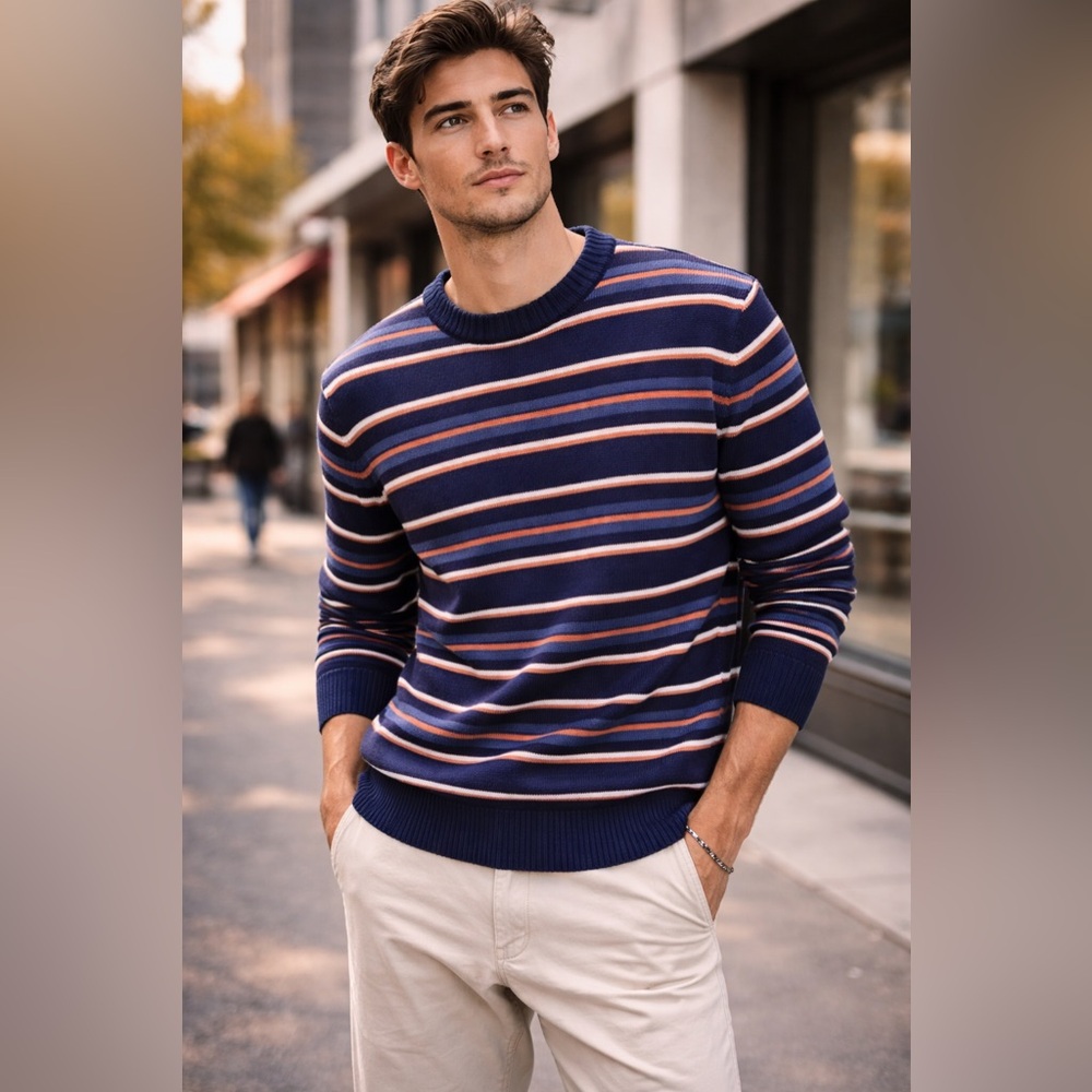 Calvin Klein Men's Crewneck Sweater - Navy and Orange Stripes